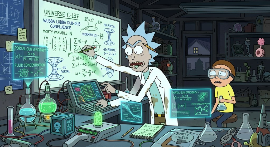A scene from 'Rick and Morty' depicting Rick in a lab filled with scientific equipment, passionately explaining complex formulas on screens while Morty listens attentively, surrounded by various colorful liquids in glass beakers.